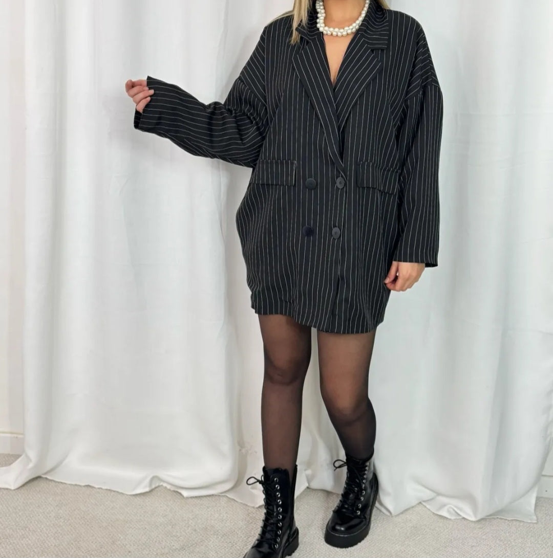 Oversized lange blazer met verticale strepen - zwart/wit