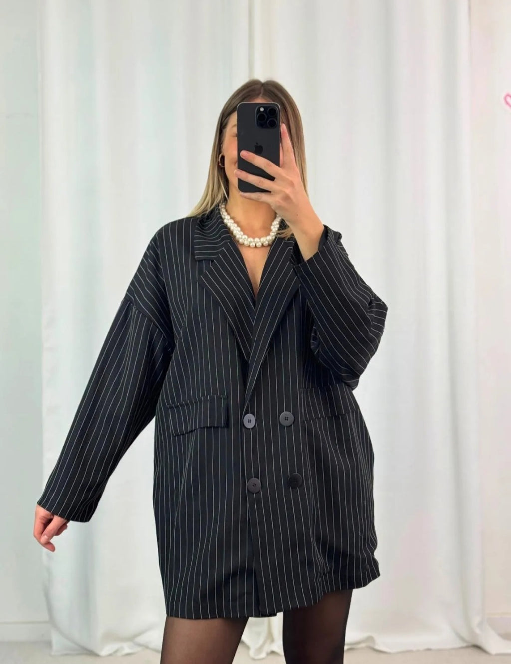 Oversized lange blazer met verticale strepen - zwart/wit