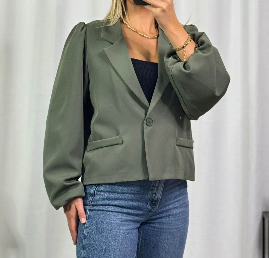 Kakigroene blazer met pofschouders & pofmouwen
