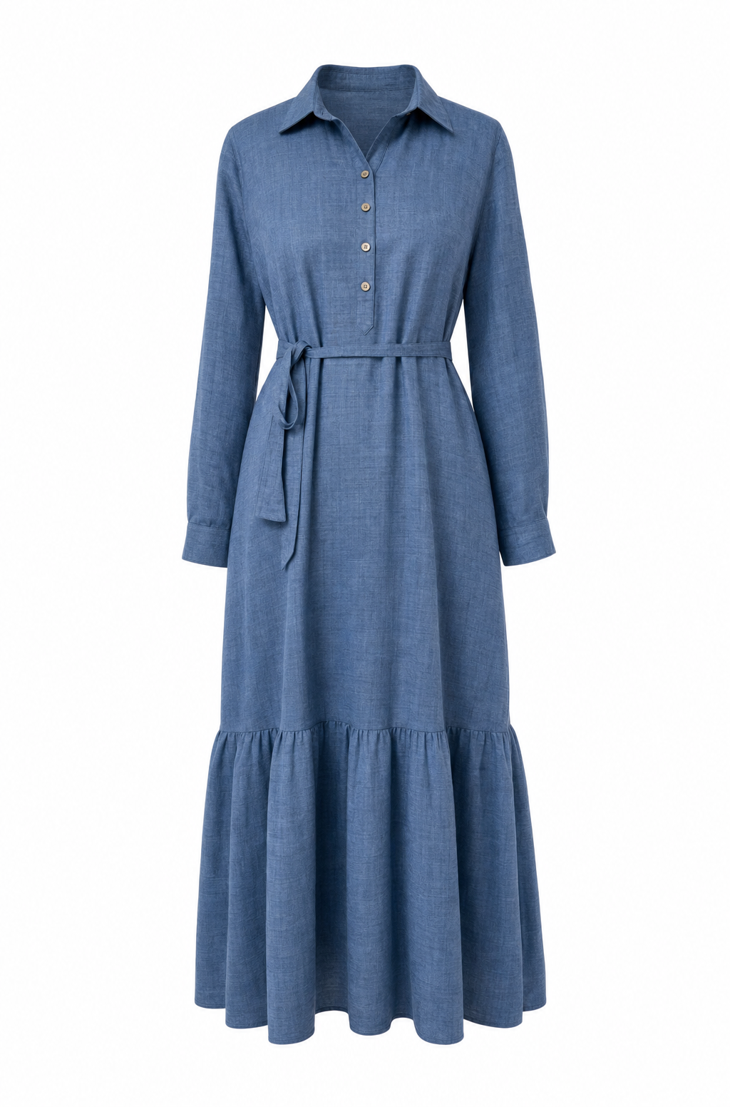Blauwe linnen en katoenen denimlook maxi-jurk met een overhemdkraag, knoopjes en een ceintuur