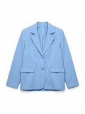 Blauwe oversized blazer van dunne stof met een sluiting met twee knopen en schoudervulling