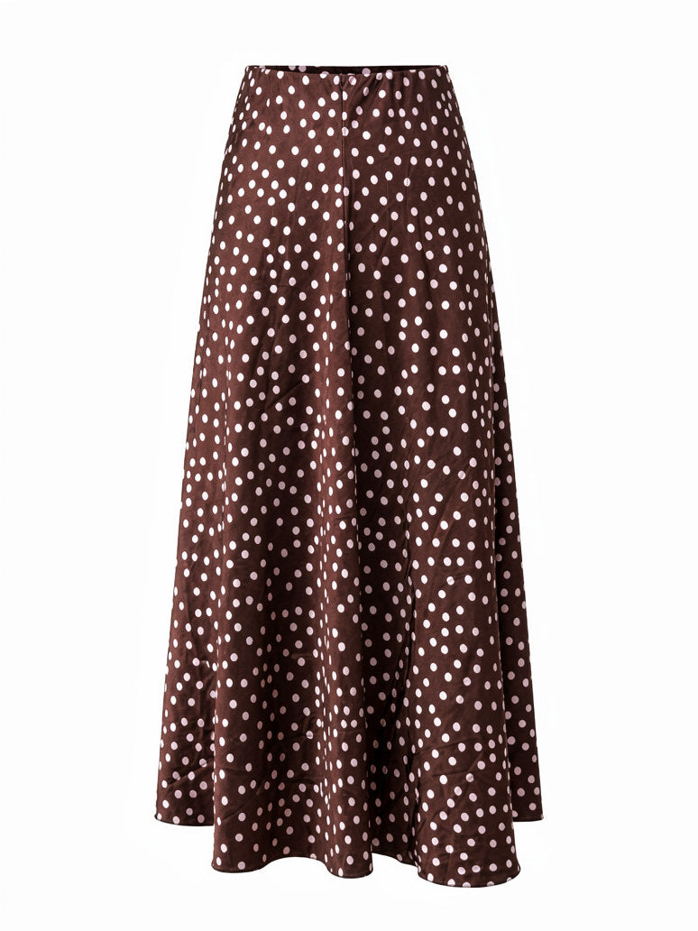 Donkerbruine satijn-look lange rok met lichtroze stippen (polka dot)