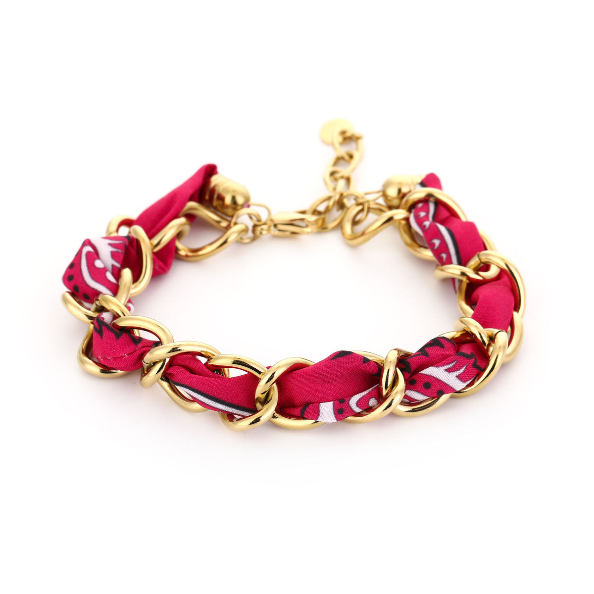 Verstelbare goudkleurige stainless steel armband met fuchsia statement sjaalstof