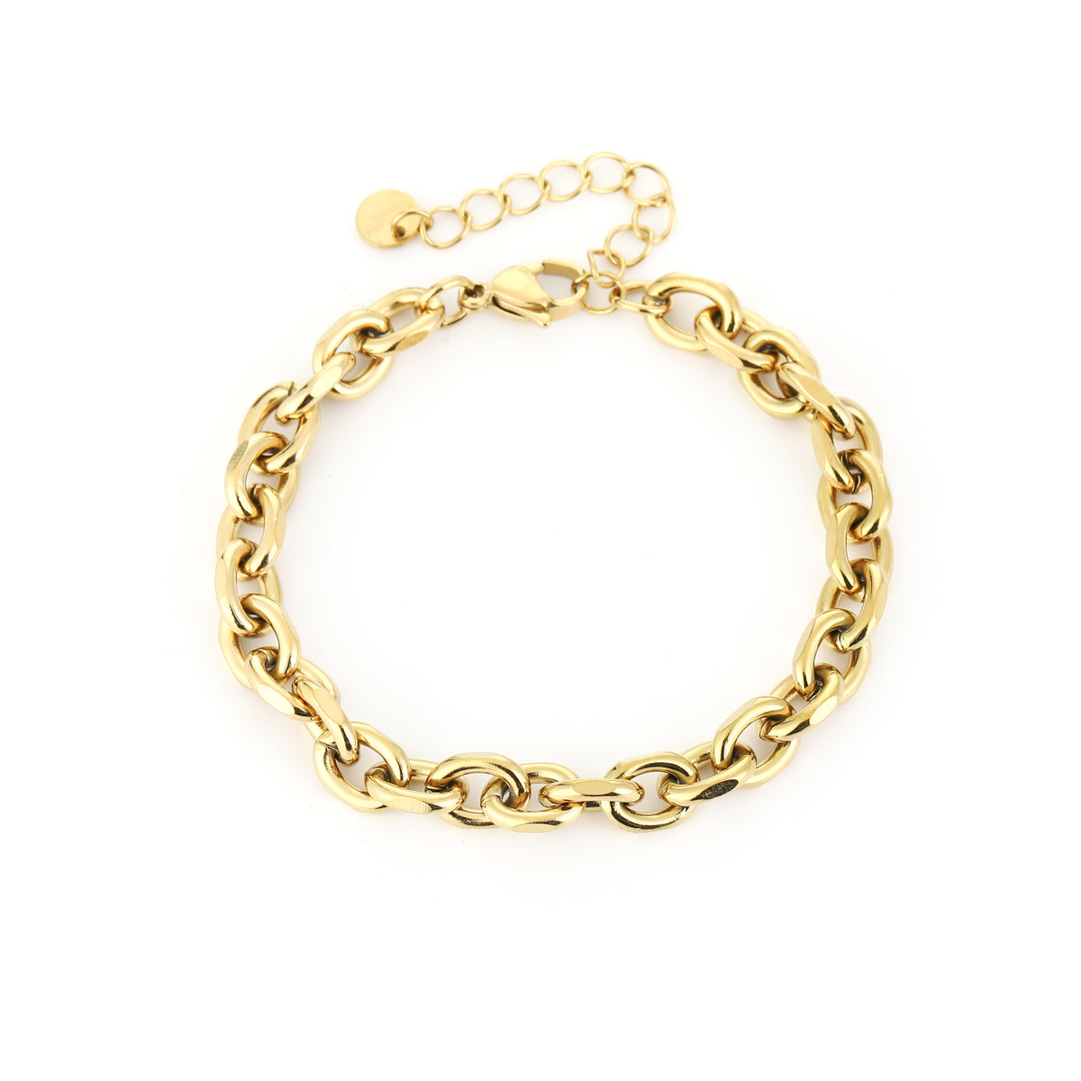 Fijne goudkleurige RVS schakelarmband voor dames. Gouden look armband
