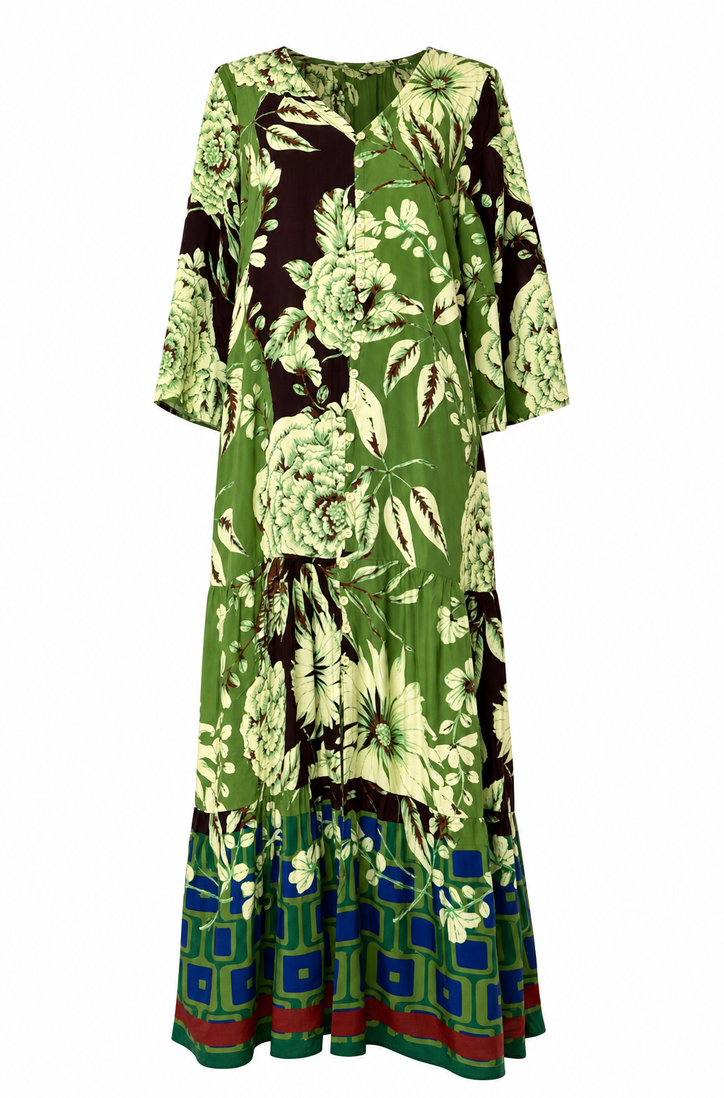 Luchtige katoenen maxi-jurk met vrolijke bloemenprint, knoopjes en handige sierlusjes in de taille
