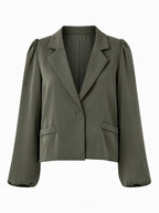 Olijfgroene dames blazer met pofmouwen, pofschouders en een enkele knoopsluiting