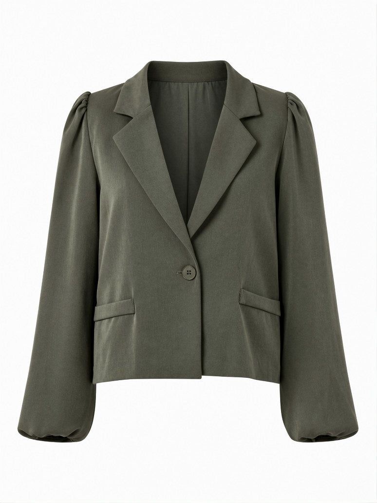 Olijfgroene dames blazer met pofmouwen, pofschouders en een enkele knoopsluiting