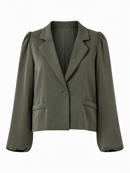 Olijfgroene dames blazer met pofmouwen, pofschouders en een enkele knoopsluiting