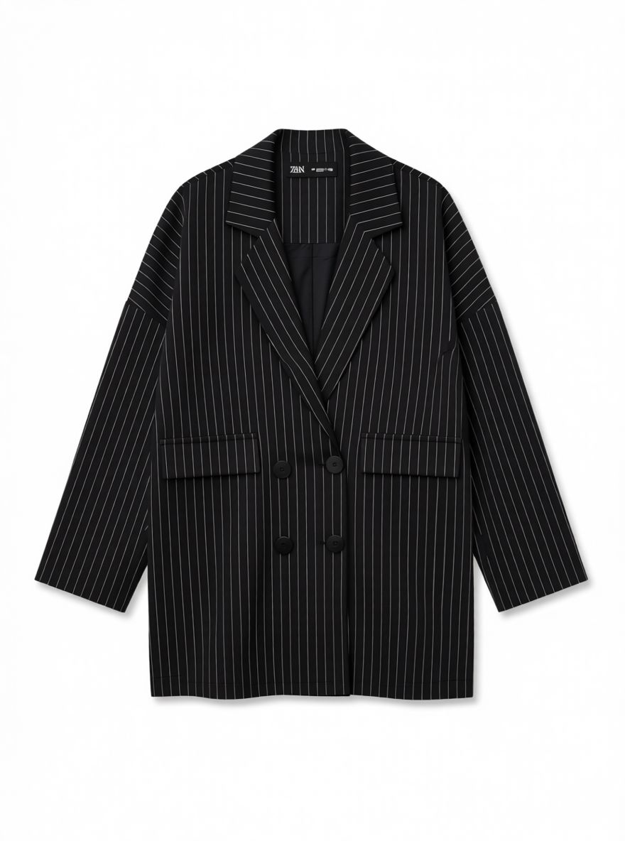 Oversized lange blazer met verticale strepen - zwart/wit