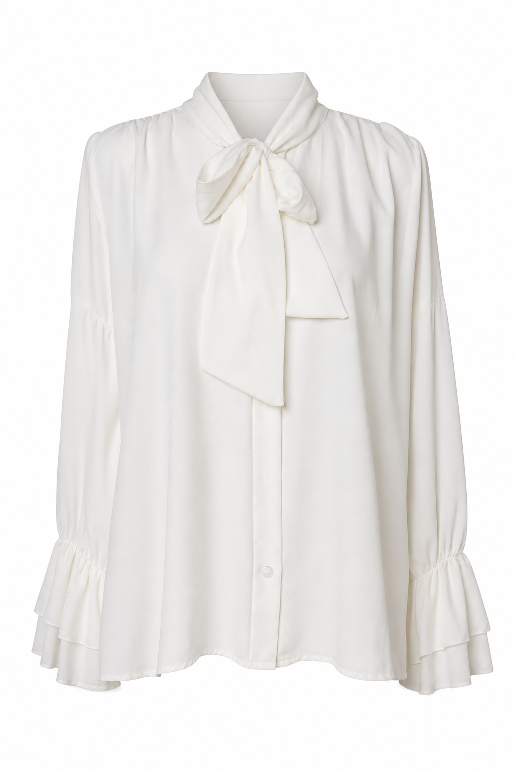 Oversized witte blouse met strikkraag en dubbele ruches