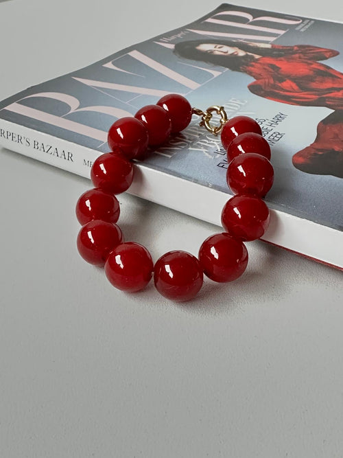 Armband kralen – glanzend burgundy - stainless steel detail