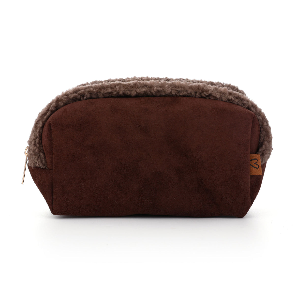Bruine suède-look make up tasje van 20x12 cm met een zachte teddy-rand langs de rits – trendy makeup pouch.