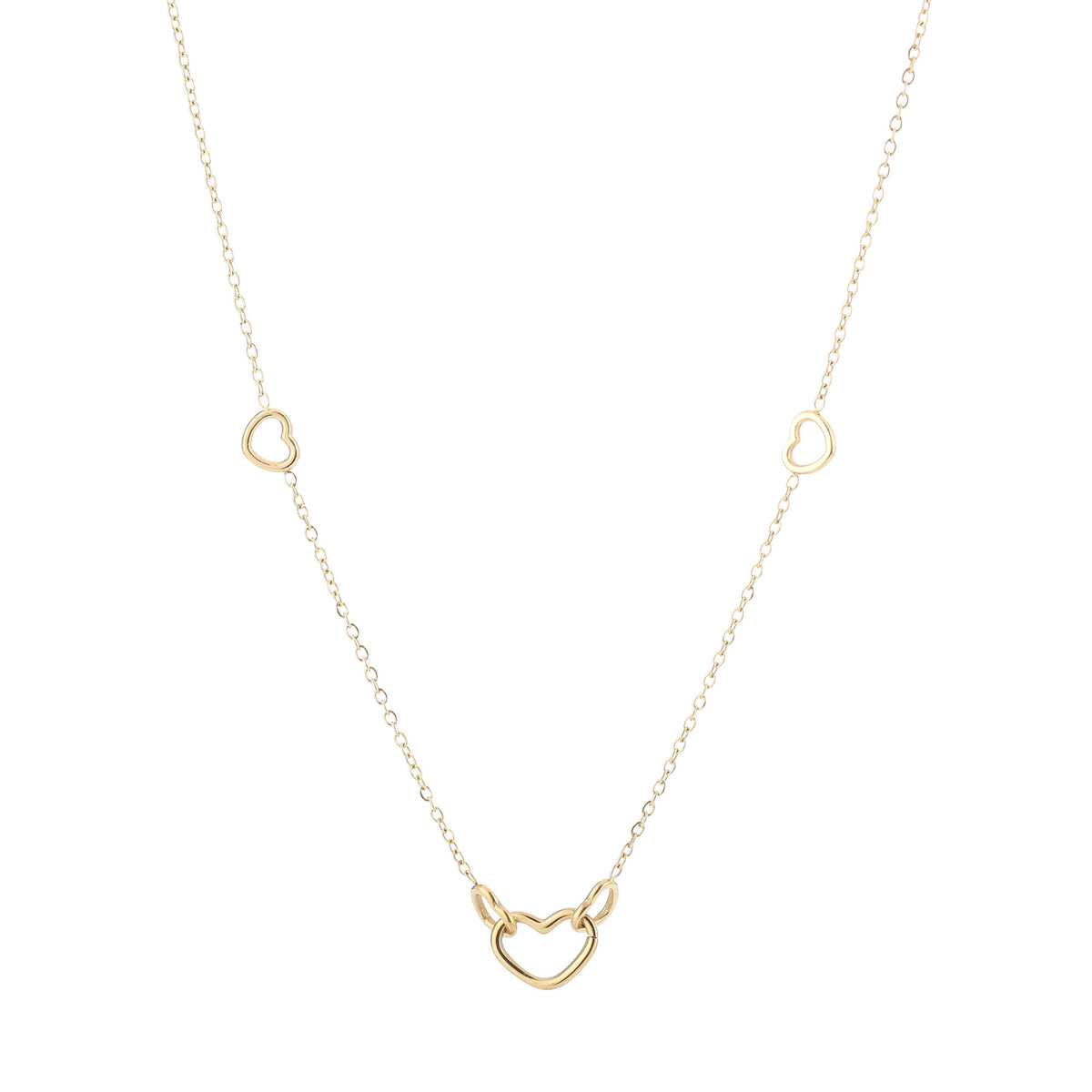 Goudkleurige stainless steel hartjes ketting met 5 open hartjes – perfect als gouden ketting look.
